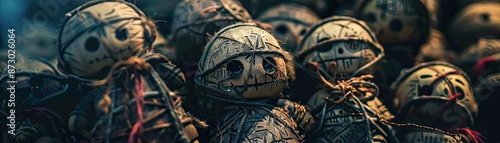 Close-up of handcrafted wooden dolls with intricate patterns and details, creating a unique and artistic visual background.