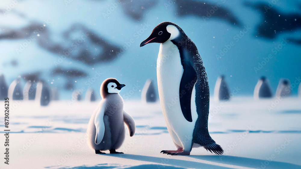 Obraz premium Two penguins, mother and calf, walk in the snow