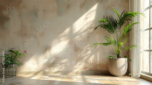 Minimalist interior with sunlight and potted plants