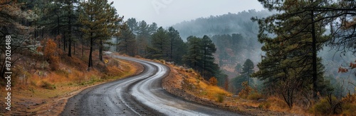 Winding Road Through Foggy Forest in Autumn