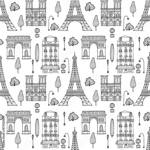 Paris pattern. Seamless city doodle background. Cute hand drawn line silhouette by black ink pen of Eiffel tower, Notre-Dame de Paris, Triumphal Arch and parisian house with trees and lanterns