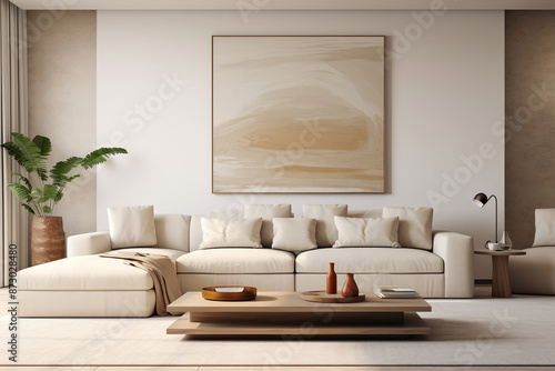 Modern minimalist living room with beige sofa and wooden coffee table