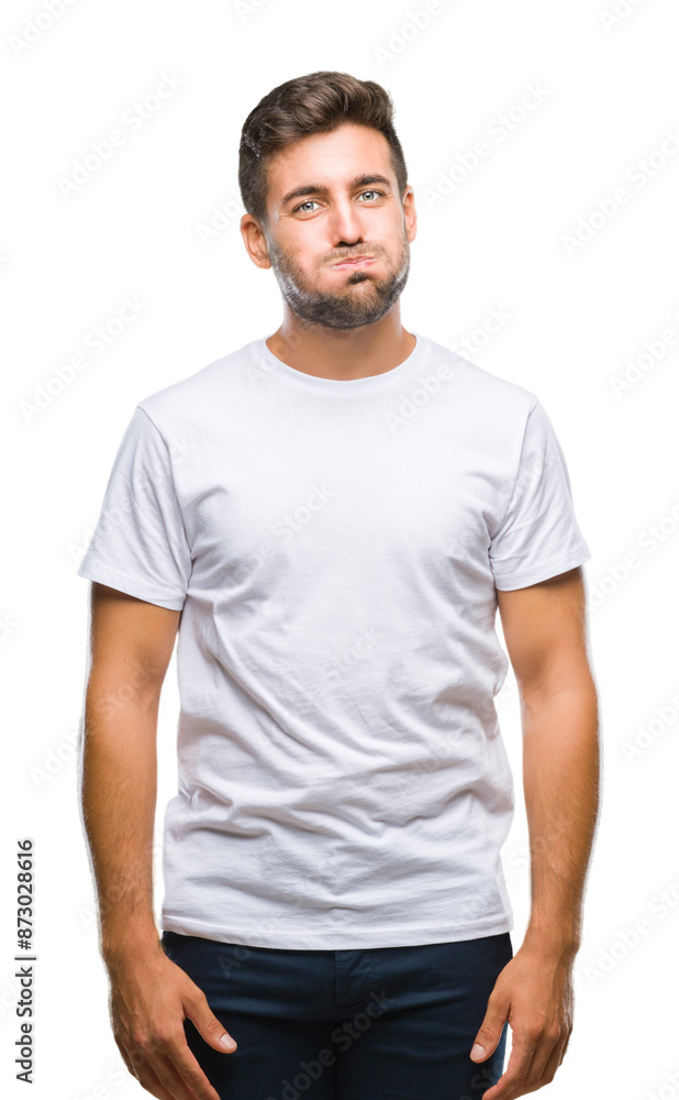 Young handsome man over isolated background puffing cheeks with funny face. Mouth inflated with air, crazy expression. Young handsome man over isolated background puffing cheeks with funny face. Mouth inflated with air, crazy expression.