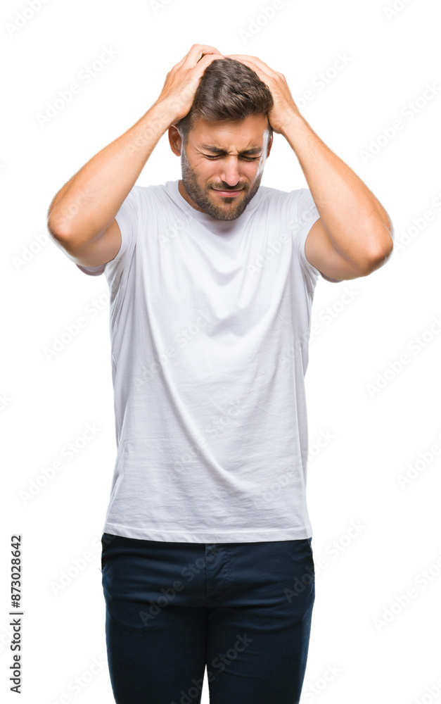 Young handsome man over isolated background suffering from headache desperate and stressed because pain and migraine. Hands on head. Young handsome man over isolated background suffering from headache desperate and stressed because pain and migraine. Hands on head.