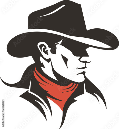 Silhouette of cowboy in hat with bold lines and red neckerchief vector illustration.