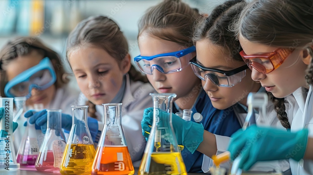 Group of young students in a science classroom conducting experiments with colorful liquids and wearing safety goggles and gloves. Group of young students in a science classroom conducting experiments with colorful liquids and wearing safety goggles and gloves.