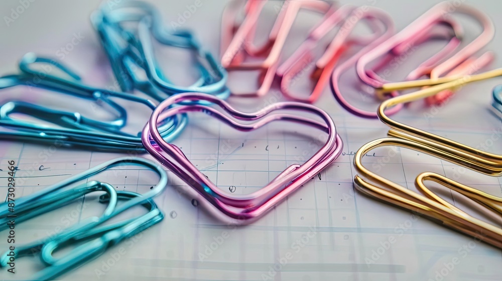 Colorful heart-shaped and regular paper clips arranged on a graph paper, showcasing a mix of creativity and organization in office supplies. Colorful heart-shaped and regular paper clips arranged on a graph paper, showcasing a mix of creativity and organization in office supplies.