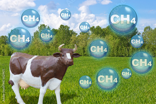 Cow farms produce methane gas which is released into the atmosphere - concept  with brown and white plastic cow model and emission of CH4 methane particles in the air photo