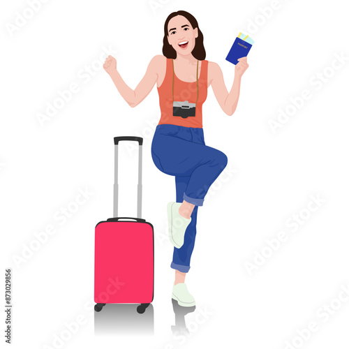 Young woman tourist with passport and tickets celebrating success. Girl in casual clothes with a suitcase. Female traveler goes on a journey. Vector illustration isolated on white