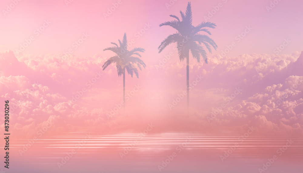Obraz premium Modern empty neon stage, landscape, clouds.