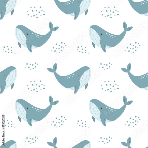 Seamless marine pattern with hand drawn cute whales and fish. Sea life. Child drawing style, vector illustration