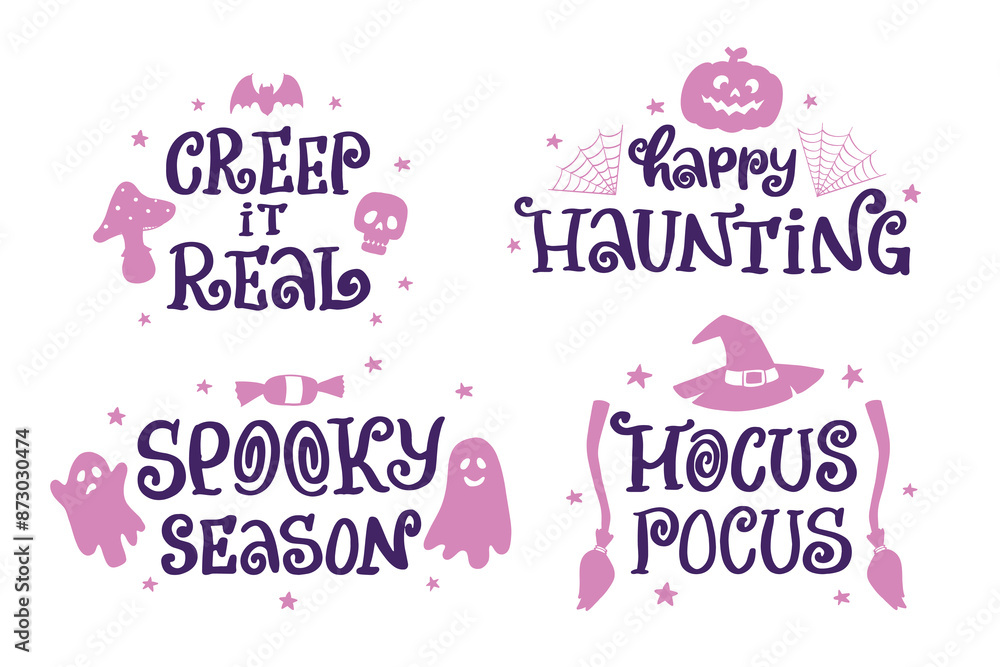 Naklejka premium Halloween lettering quotes collection decorated with doodles for posters, prints, cards, stickers, signs, banners, apparel decor, etc. EPS 10