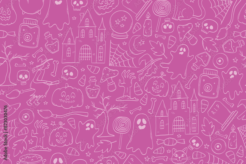 Halloween pink seamless pattern with sketched doodles for wallpaper, scrapbooking, stationary, wrapping paper, textile prints, scarf projects, etc. EPS 10 Halloween pink seamless pattern with sketched doodles for wallpaper, scrapbooking, stationary, wrapping paper, textile prints, scarf projects, etc. EPS 10
