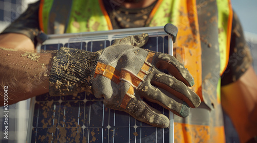  a man worker carrying a solar panel for installation, focused look, sunburnt skin, reflective vest, detailed gloves, vivid colors, high-definition textures, outdoor background, intricate solar panel  photo