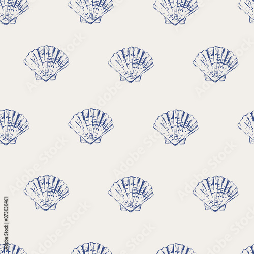Vector sea animals seamless pattern. Sea shells in blue on white.