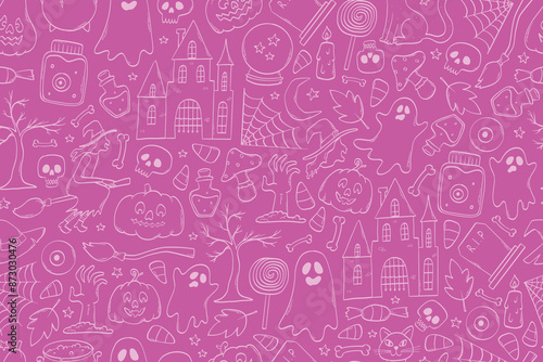 Halloween pink seamless pattern with sketched doodles for wallpaper, scrapbooking, stationary, wrapping paper, textile prints, scarf projects, etc. EPS 10