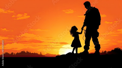 Silhouette of soldier with little girl at sunset © NAK