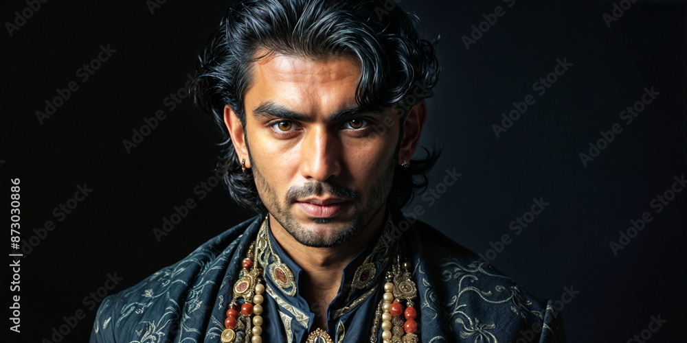 close-up portrait of a man with long hair and a beard, wearing traditional Indian clothing. close-up portrait of a man with long hair and a beard, wearing traditional Indian clothing.