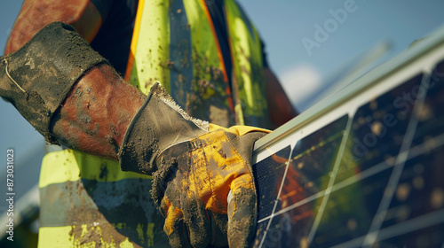  a man worker carrying a solar panel for installation, focused look, sunburnt skin, reflective vest, detailed gloves, vivid colors, high-definition textures, outdoor background, intricate solar panel  photo