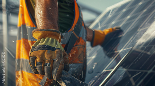  a man worker carrying a solar panel for installation, focused look, sunburnt skin, reflective vest, detailed gloves, vivid colors, high-definition textures, outdoor background, intricate solar panel 