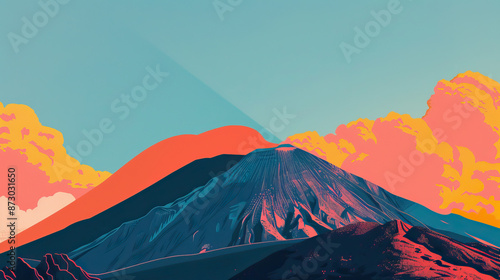 Risograph riso print travel poster, card, wallpaper banner illustration, modern, clear, simple of Mount Etna, Sicily, Italy. Artistic, landmark printing, stencil backdrop background