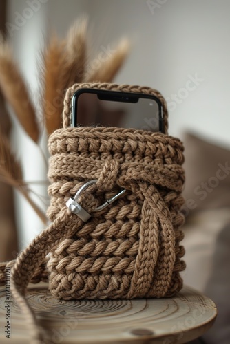 Smartphone in knitted case on wooden stand with wheat ears