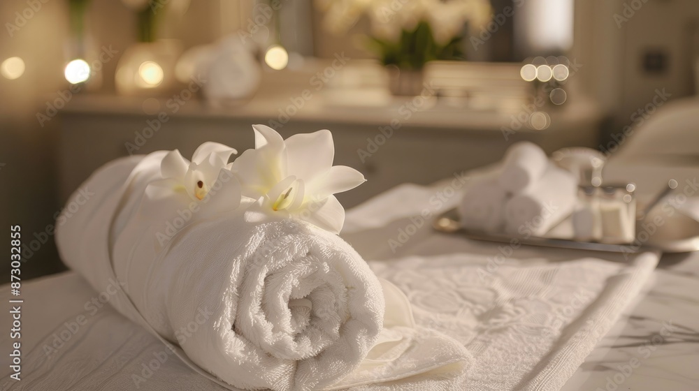 Spa table elegantly adorned with white rolled towel Spa table elegantly adorned with white rolled towel