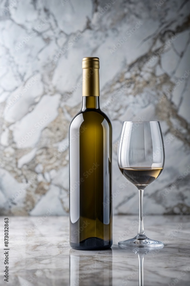 Obraz premium Bottle of white wine and glass on marble tabletop with elegant background