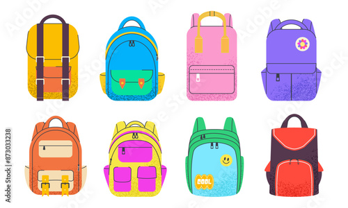 Set of childish school backpacks and schoolbags. Kids bag vibrant color with texture. Transparent backdrop