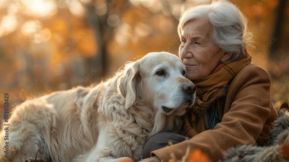 An Elderly Woman's Gentle Touch on a Golden Retriever in an Autumnal Park. Generative AI An Elderly Woman's Gentle Touch on a Golden Retriever in an Autumnal Park. Generative AI