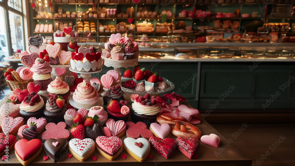 Naklejka premium A charming display of Valentine-themed pastries in the shop, offering a wide variety of flavors and designs to celebrate the special day