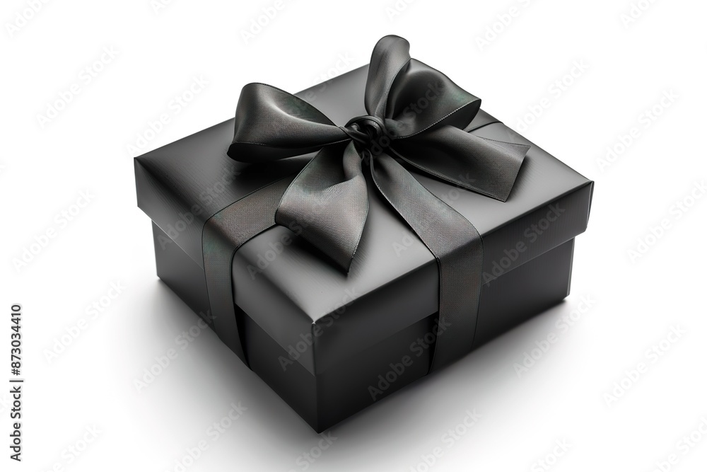 Black Friday Sale and Christmas presents concept. Gift box with black ribbon on red satin textile, close up view Black Friday Sale and Christmas presents concept. Gift box with black ribbon on red satin textile, close up view