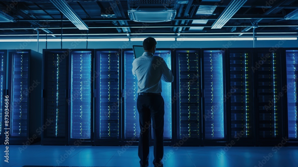 Technician monitors a powerful server room used to generate AI or farm crypto in a secure warehouse filled with racks of computer servers networked to the internet Technician monitors a powerful server room used to generate AI or farm crypto in a secure warehouse filled with racks of computer servers networked to the internet