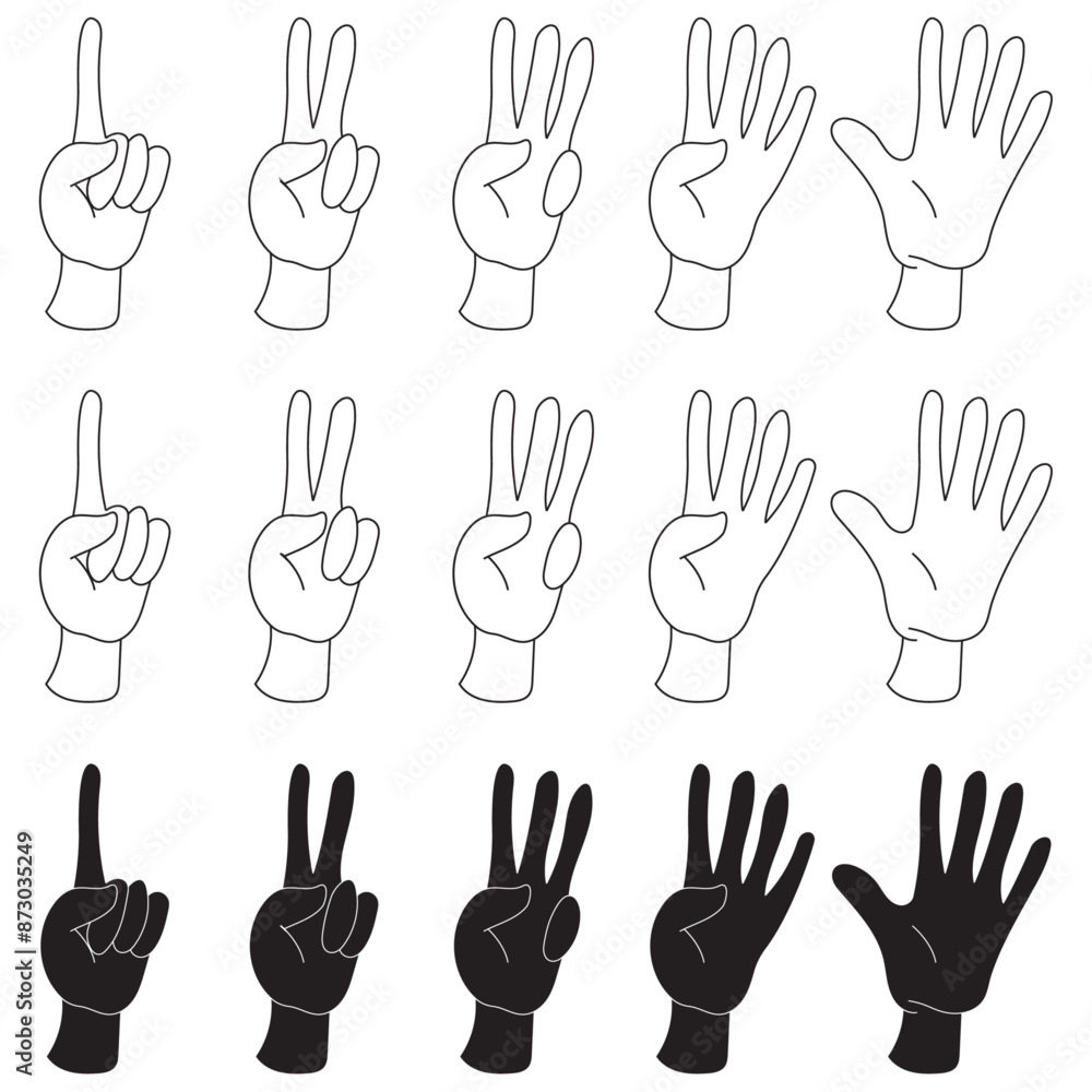 Set of Hands with fingers counting One to Five in Black and white, white and black and black stoke on transparent isolated on a white or transparent background Set of Hands with fingers counting One to Five in Black and white, white and black and black stoke on transparent isolated on a white or transparent background
