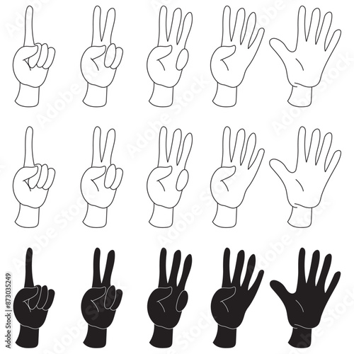 Set of Hands with fingers counting One to Five in Black and white, white and black and black stoke on transparent isolated on a white or transparent background