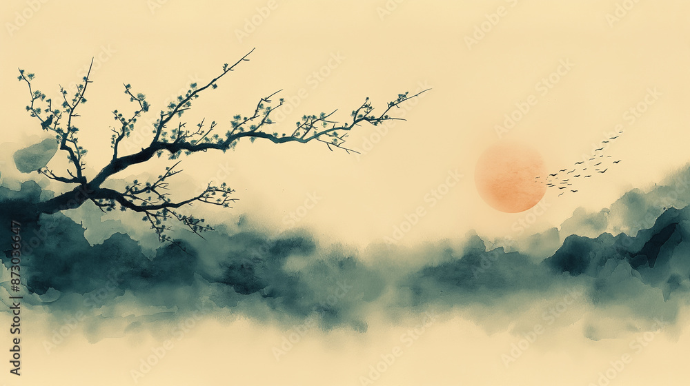 Fototapeta premium A painting of a tree with a sun in the background. The sky is cloudy and the sun is setting