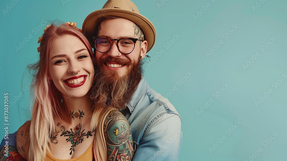 The image features a cheerful couple with tattoos, both smiling brightly. The image features a cheerful couple with tattoos, both smiling brightly.