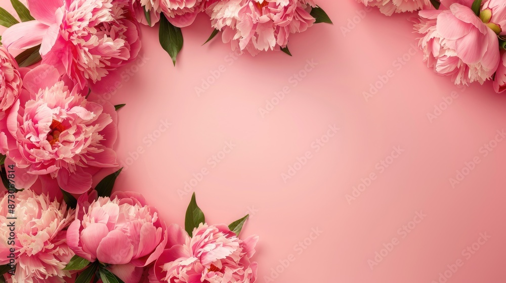 Obraz premium Pink peonies wreath with paper on pink backdrop Top down view with room for text Elegant mockup for Valentine s or Mother s Day