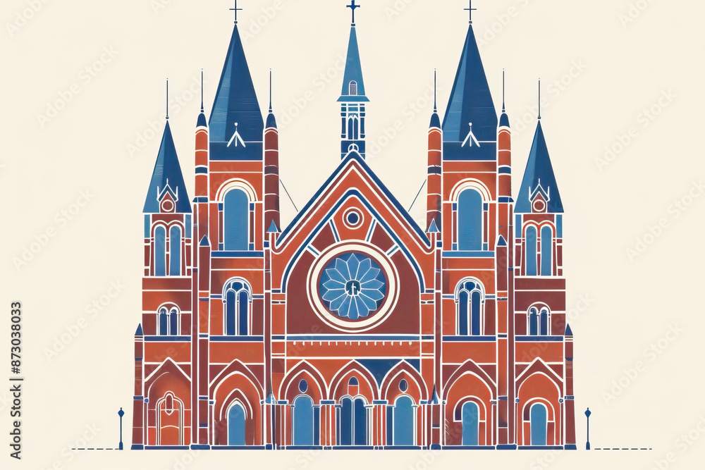 Fototapeta premium Risograph riso print travel poster, card, wallpaper banner illustration, modern, clear, simple of Notre-Dame Basilica, Montreal, Canada. Artistic, landmark printing, stencil backdrop background