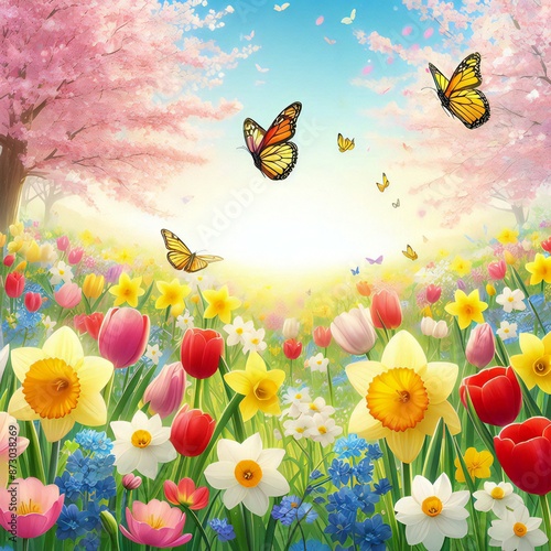 Spring flowers with butterflies.