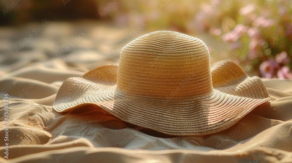 A Sun-Kissed Straw Hat Resting on a Beach Blanket, Ready for Summer Adventures. Generative AI A Sun-Kissed Straw Hat Resting on a Beach Blanket, Ready for Summer Adventures. Generative AI