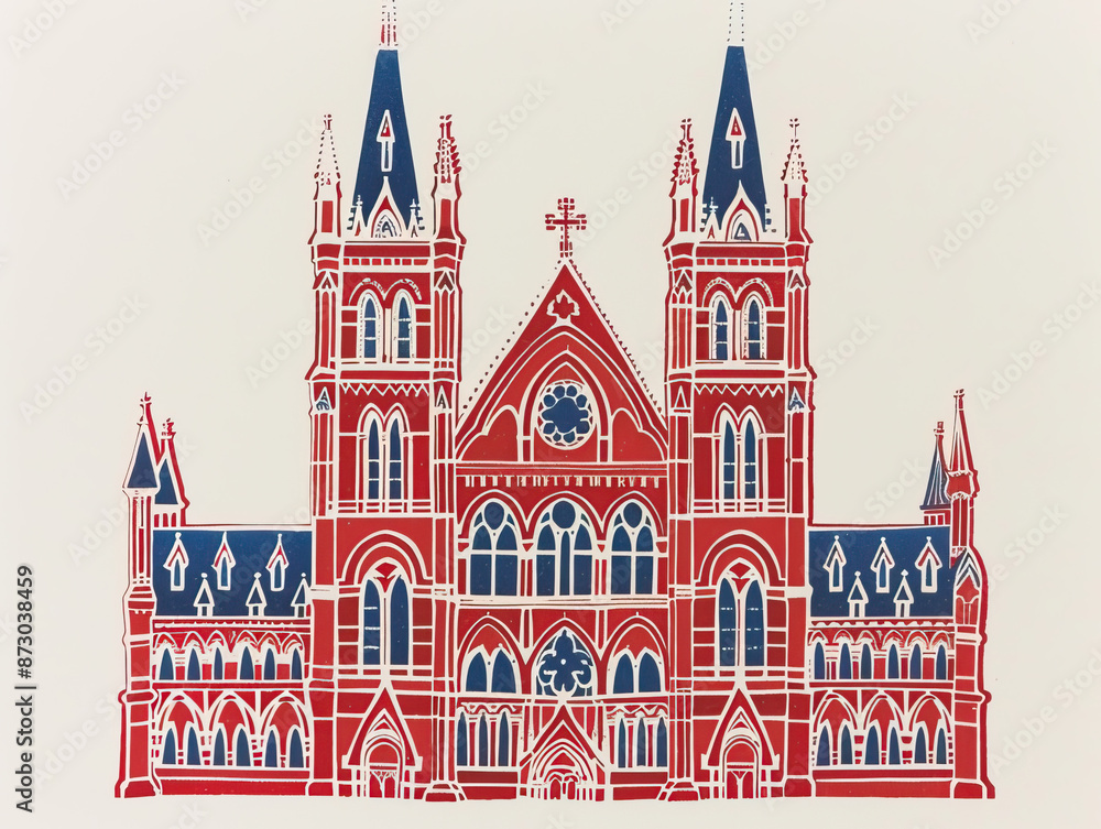 Fototapeta premium Risograph riso print travel poster, card, wallpaper banner illustration, modern, clear, simple of Notre-Dame Basilica, Montreal, Canada. Artistic, landmark printing, stencil backdrop background