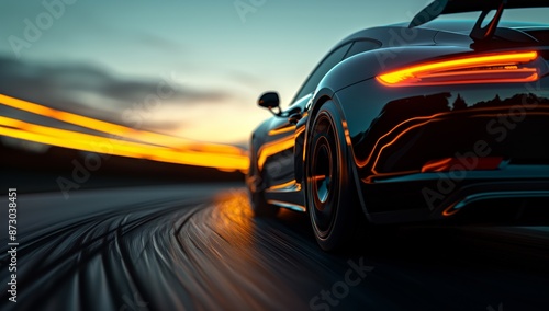 Dynamic Close-Up of a High-Speed Sports Car Race Track at Dusk with Motion Blur, Essence of Speed Performance Luxury Racing	