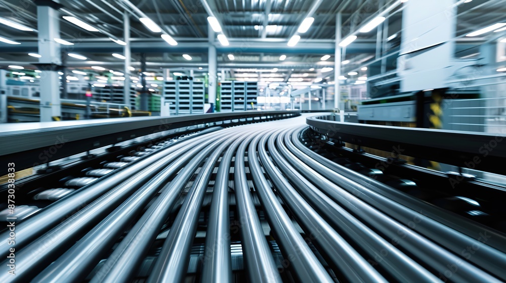 Fototapeta premium Efficient Industrial Conveyor Belt System in Manufacturing Facility Moving Goods Along Assembly Line