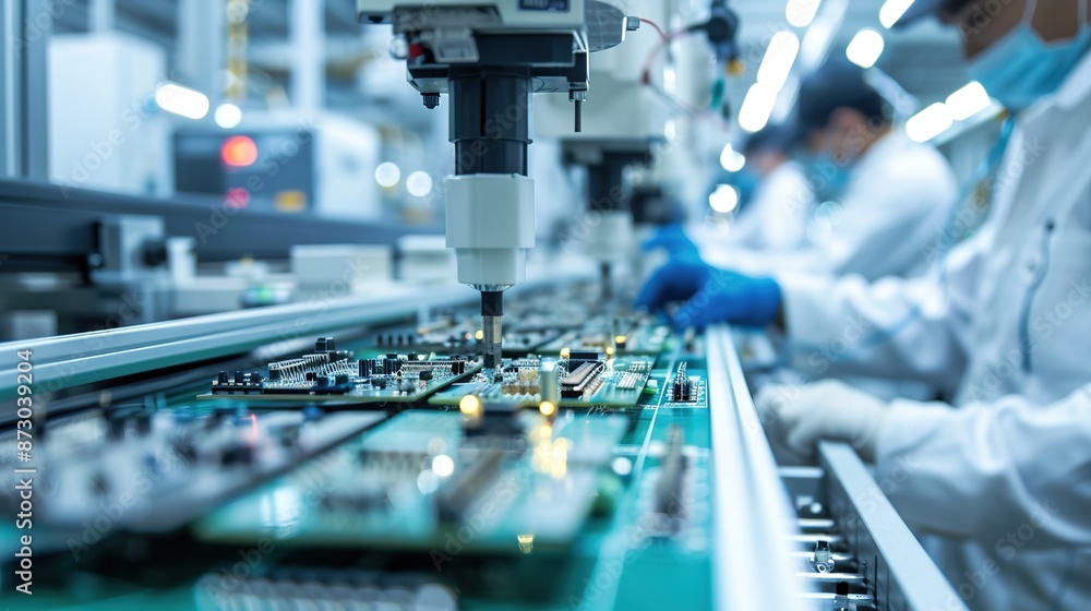 Efficient Industrial Workers Assembling Electronic Components in Modern Manufacturing Plant Efficient Industrial Workers Assembling Electronic Components in Modern Manufacturing Plant