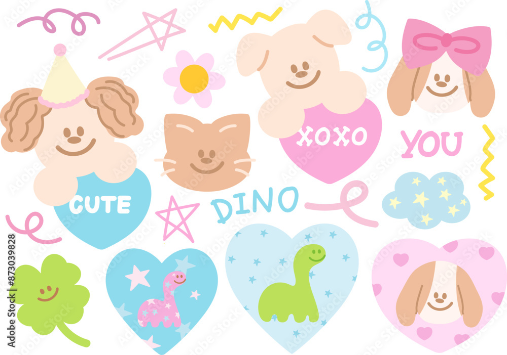 Pastel illustrations of puppy, cat, dinosaur, heart, clover leaf, star, flower, cloud for cartoon, character, comic, mascot, cute patches, plush toy, doll, happy emoji, animal print, icon, sticker set