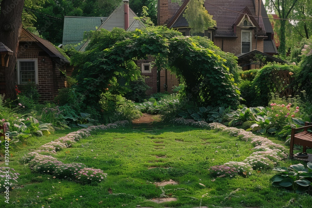 Lush Green Backyard With Stone Pathway and Vine-Covered Archway on Sunny Day Lush Green Backyard With Stone Pathway and Vine-Covered Archway on Sunny Day