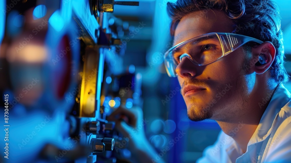 Serious Technician Inspecting Industrial Equipment on Vibrant Blue Background for Text Incorporation Serious Technician Inspecting Industrial Equipment on Vibrant Blue Background for Text Incorporation
