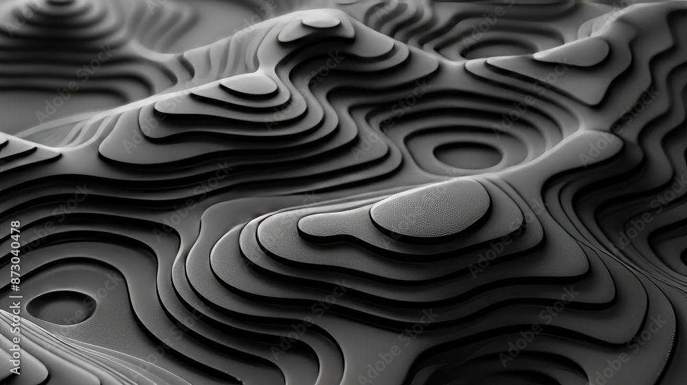 Naklejka premium 3d, macro, minimalist grey and light-grey topographic lines, abstract background, black background 