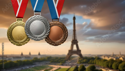 Golden, silver and bronze blank medals against the backdrop of Paris with the Eiffel Tower in a blurred background.